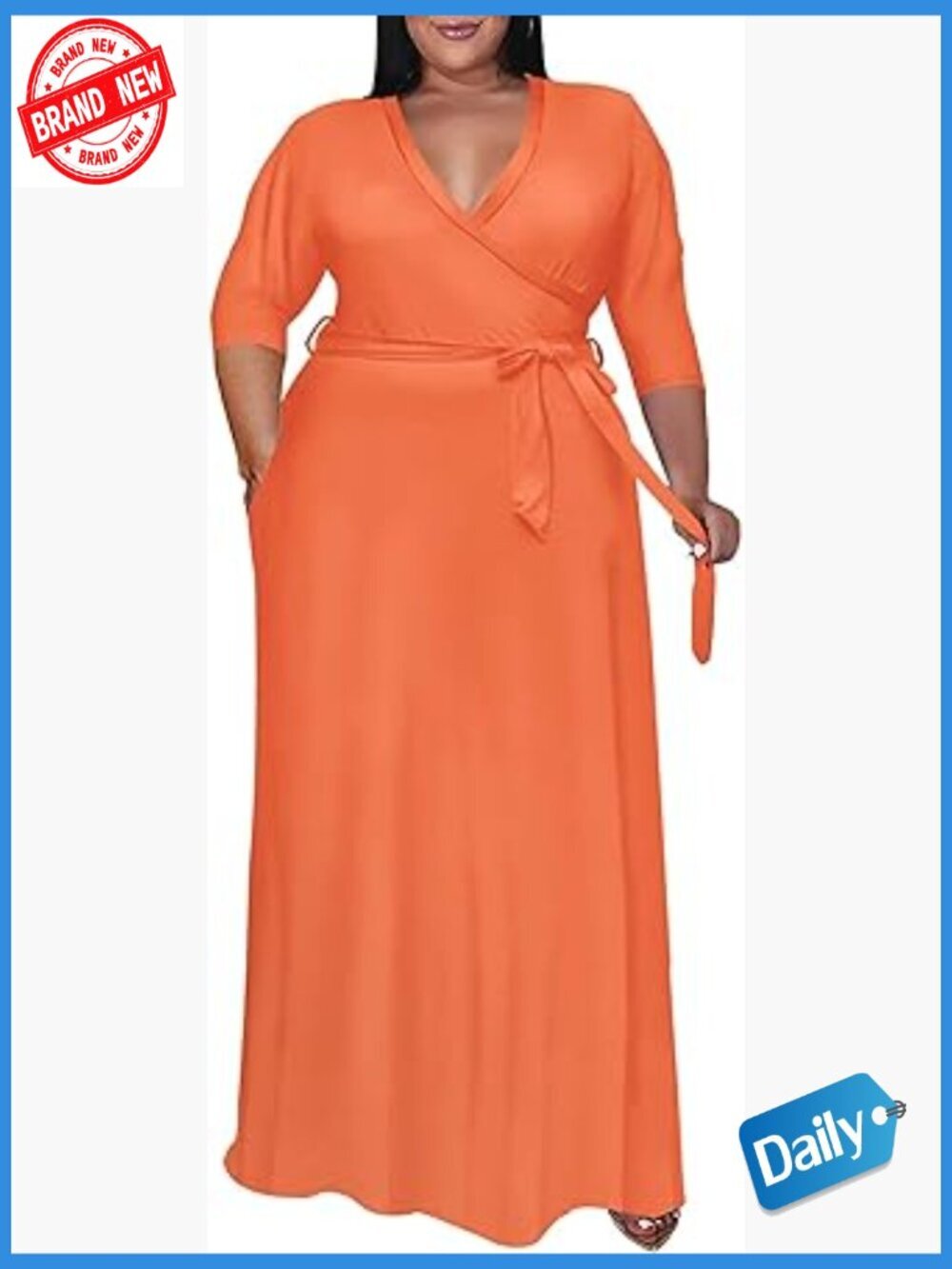 Plus Size Maxi Dress with Belt 3/4 Sleeve Flowy V-Neck